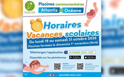 💦  [Informations Horaires Piscines] Les piscines communautaires Atlantis et Océane passent en horaires vacances scolaires à partir du 19 jusqu&rsquo;au 31 octobre 2026.